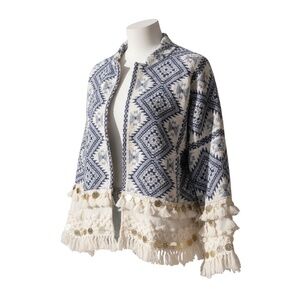 Boho Blue & White Sweater/Jacket Open Front Fringe & Metal Trim Women's Med.